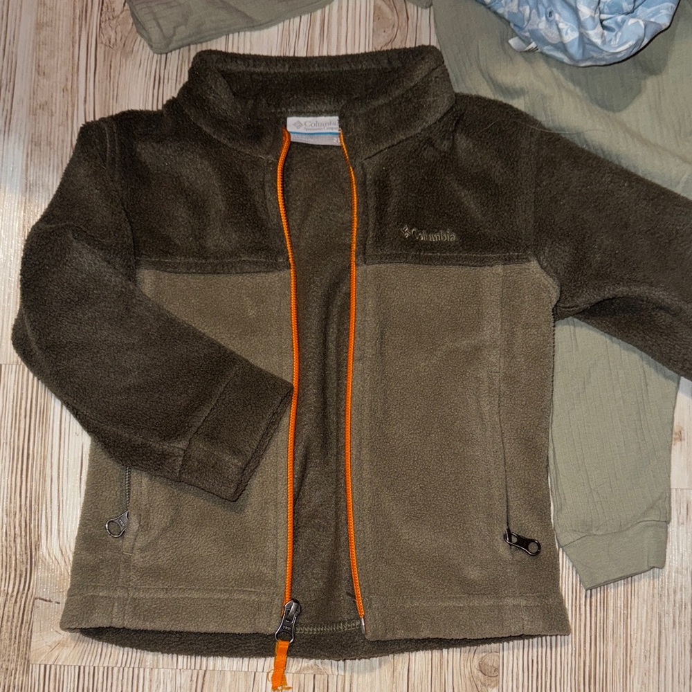 Columbia Kids' Fleece Jacket in Dark Green and Bright Orange
